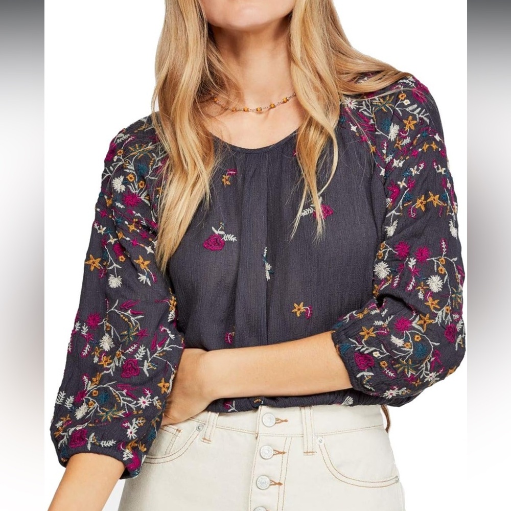 Free People Floral Embroidered Blouse